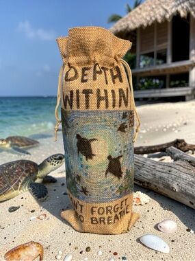 Burlap Drawstring wine Bag with hand drawn Sea Turtle scene